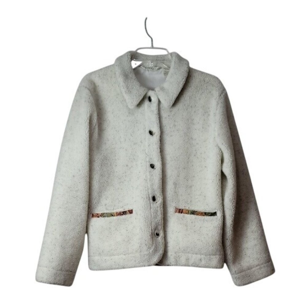 Orvis Womens White Sherpa Button-Up Jacket W/ Tapestry Trim Pockets Size M Polye - Picture 2 of 13